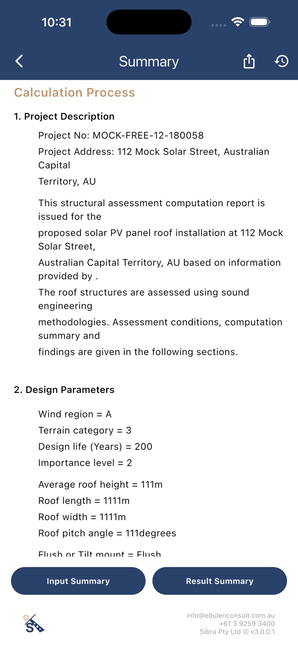Calculation report showing project description and design parameters
