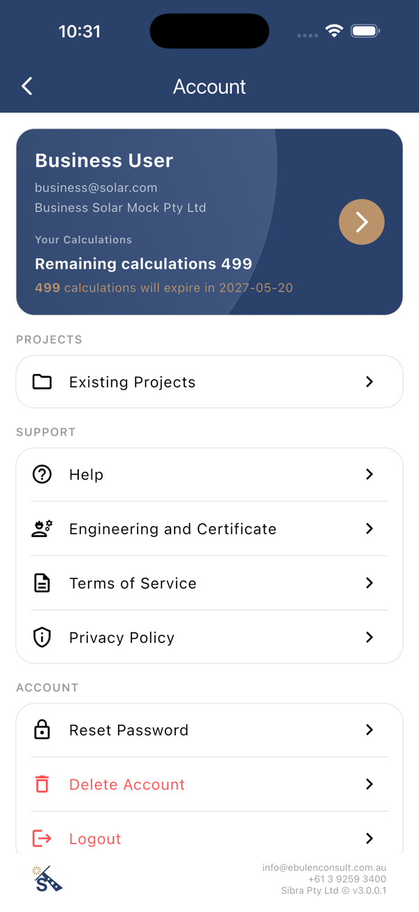 Business account screen with shared calculation credits